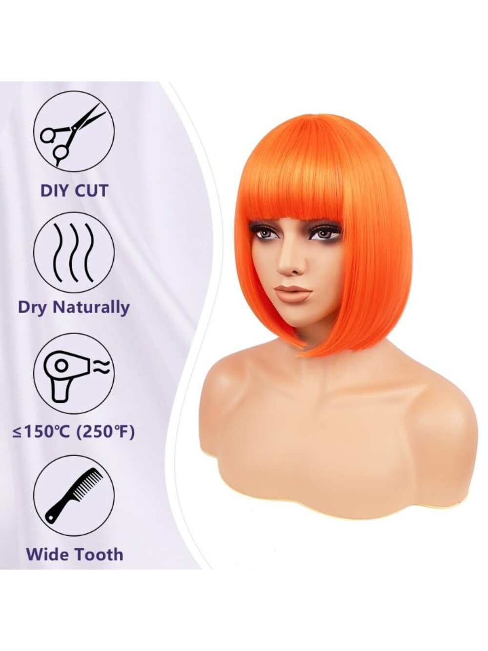 Women Orange Heat Resistant Synthetic Bob Party Neon Wig Bangs 12 Inch - Picture 5 of 7